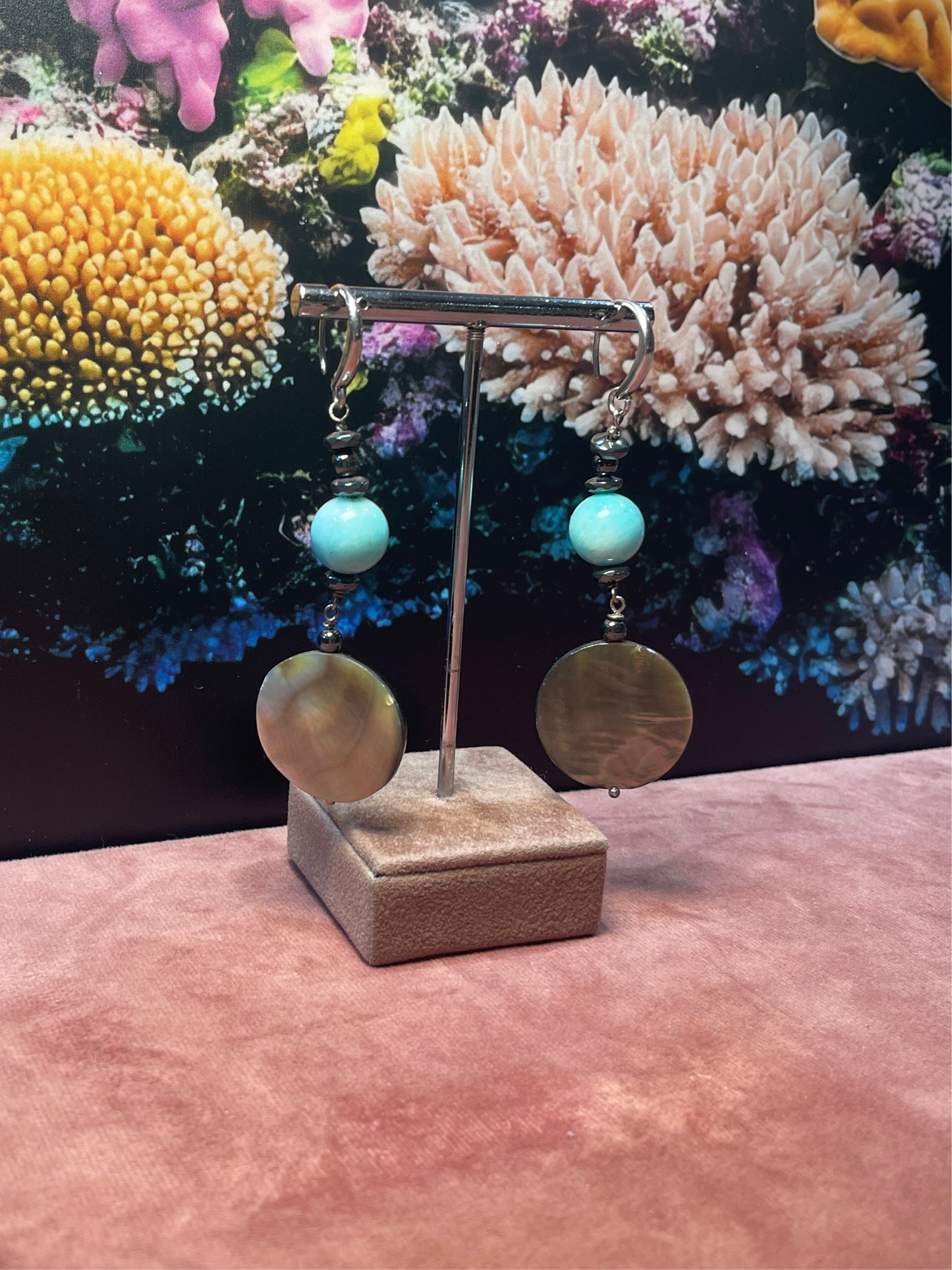 Earrings with Black Pearl, Hematite and Amazonite