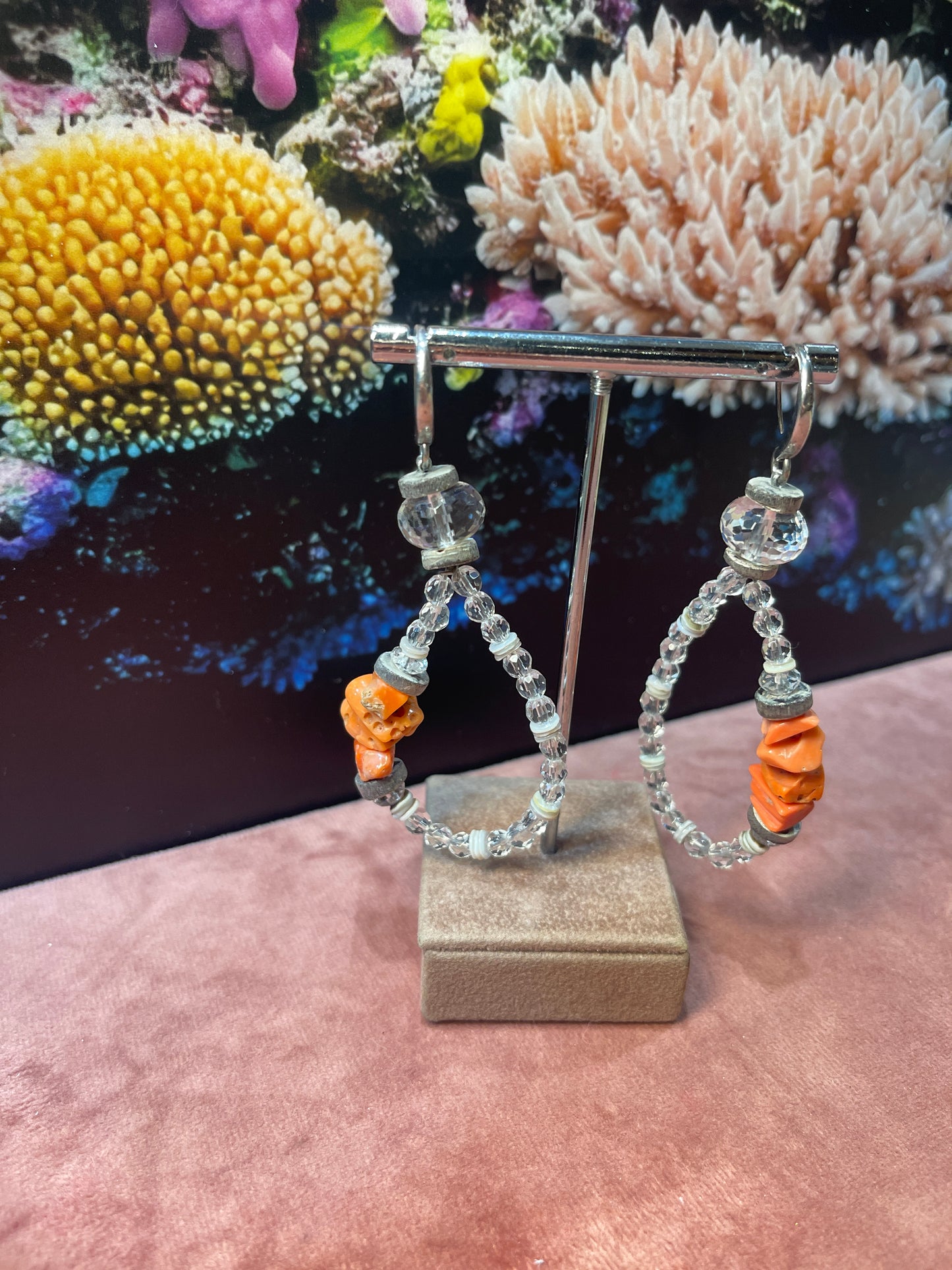 Coral, Rock Crystal and Mother of Pearl Earrings
