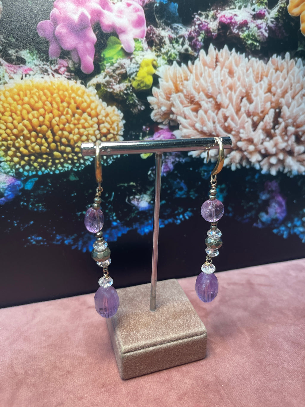 Orecchini in Ametista,Ematite e Cristallo di Rocca