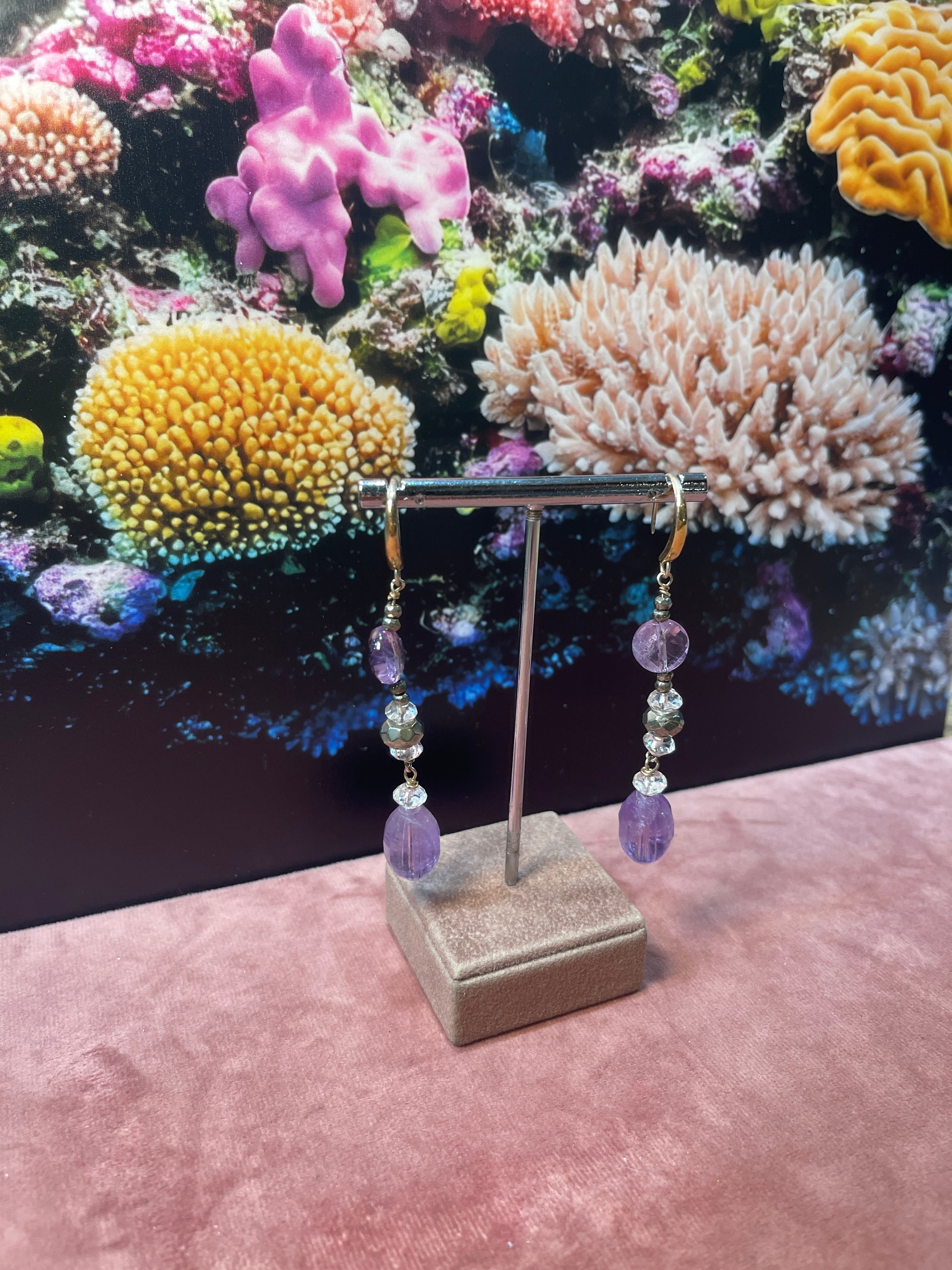 Orecchini in Ametista,Ematite e Cristallo di Rocca