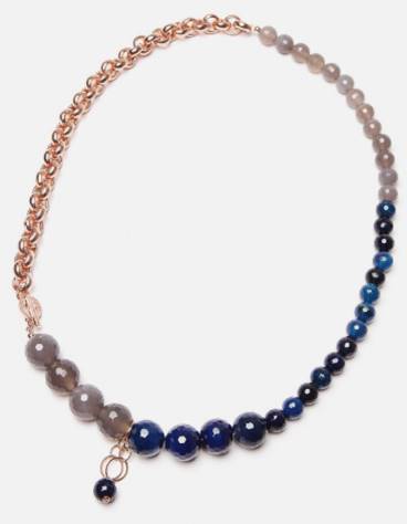 Girocollo IPPOCAMPO, Collezione "AURORA", bronzo placcato oro rosa 24 kt, agate grigio Uruguay e blu, chiusura t-bar, 65 cm