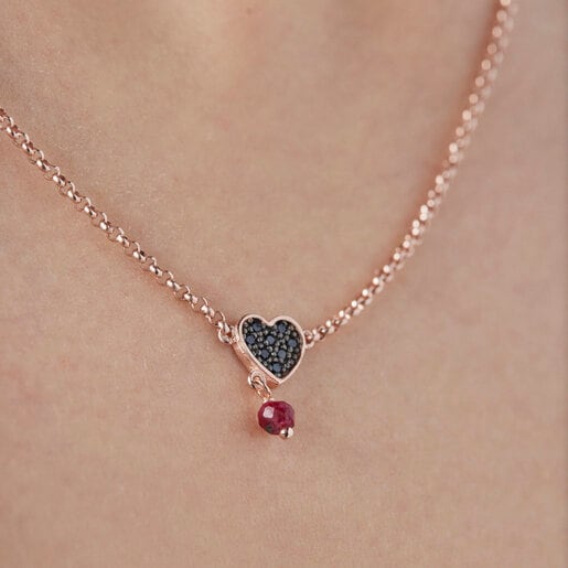 Rose Vermeil Silver TOUS Motif Necklace with Spinels and Ruby heart motif